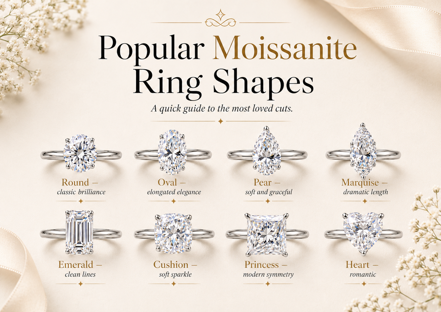 Popular moissanite ring shapes including round oval pear marquise emerald cushion princess and heart