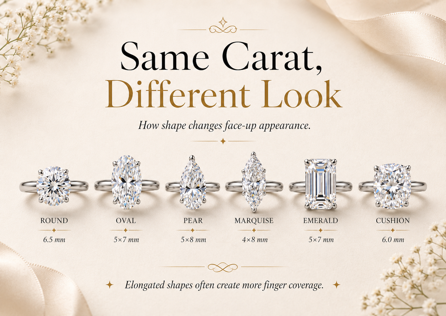 Same carat equivalent moissanite rings showing different face-up appearances by shape