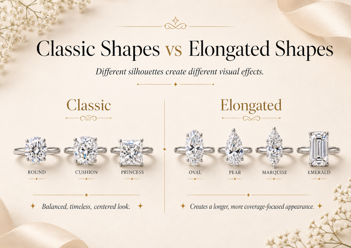 Classic round cushion and princess shapes compared with elongated oval pear marquise and emerald shapes