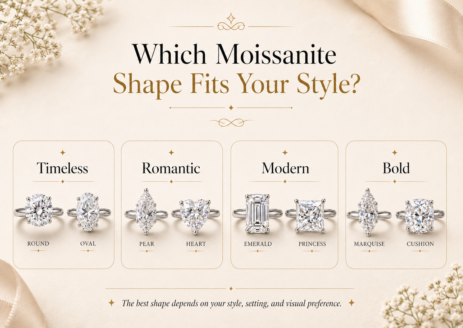 Moissanite shapes grouped into timeless romantic modern and bold ring styles