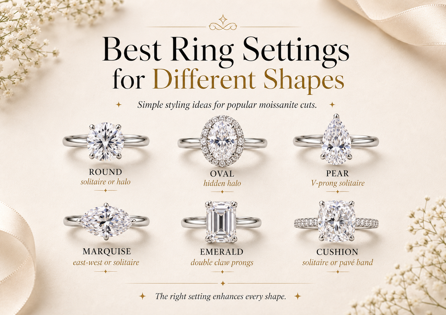 Ring setting ideas for round oval pear marquise emerald and cushion moissanite shapes