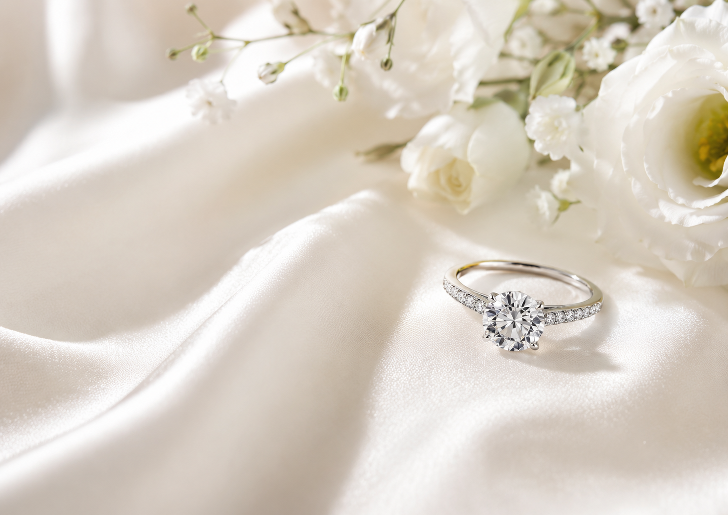 Elegant round moissanite engagement ring displayed on ivory silk beside white flowers