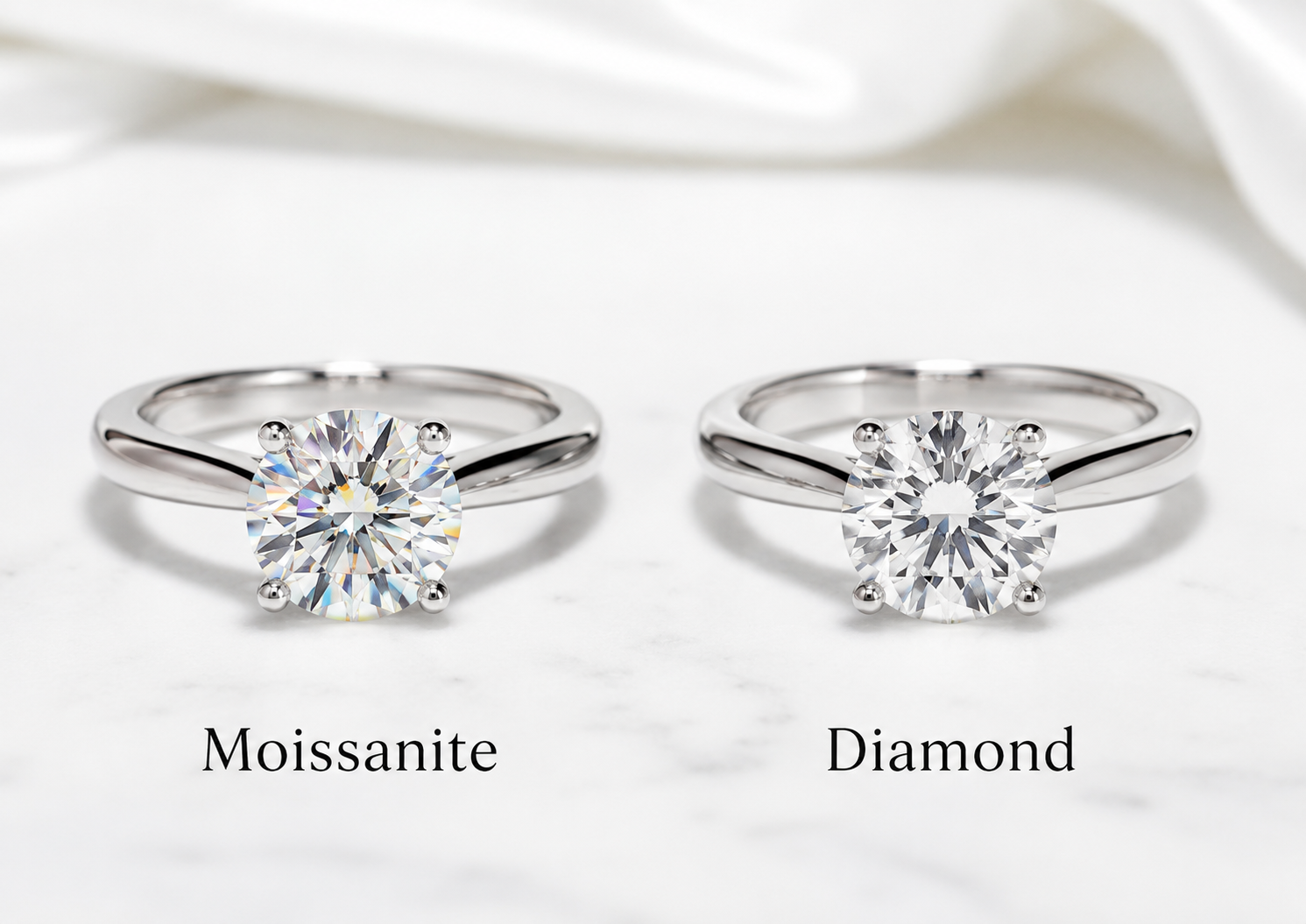 Side-by-side visual comparison of a round moissanite engagement ring and diamond engagement ring