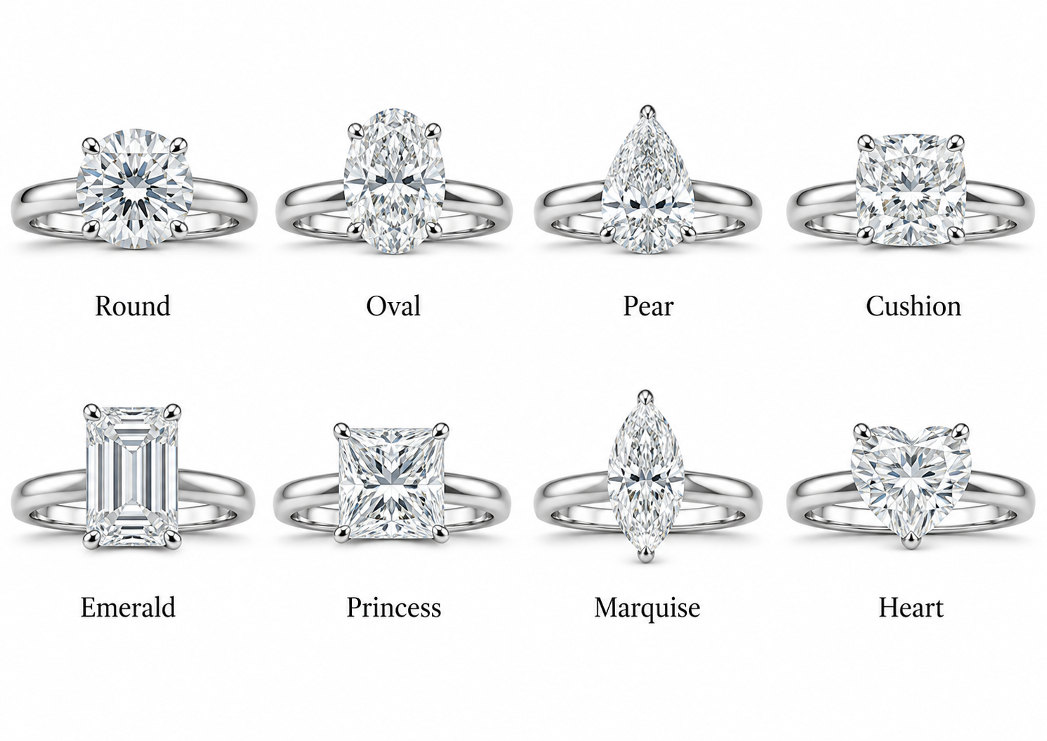 Eight popular moissanite engagement ring shapes including round oval pear cushion emerald princess marquise and heart