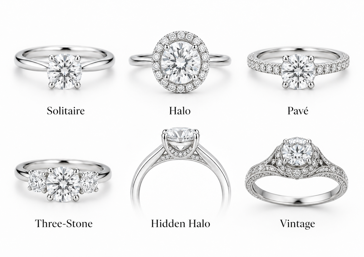 Moissanite engagement ring setting comparison showing solitaire halo pave three-stone hidden halo and vintage designs