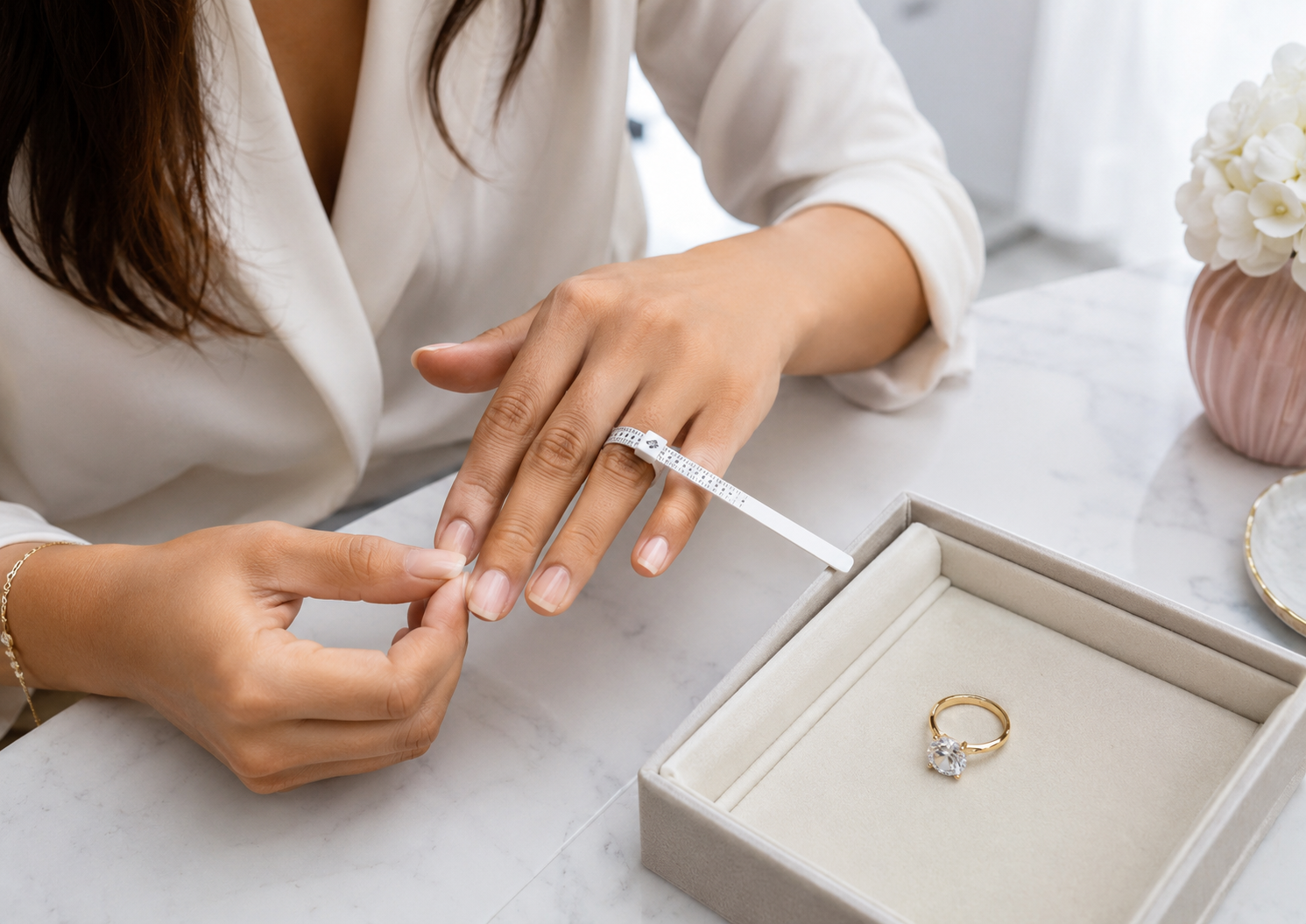 Professional ring size measurement using a sizing strip beside an engagement ring box
