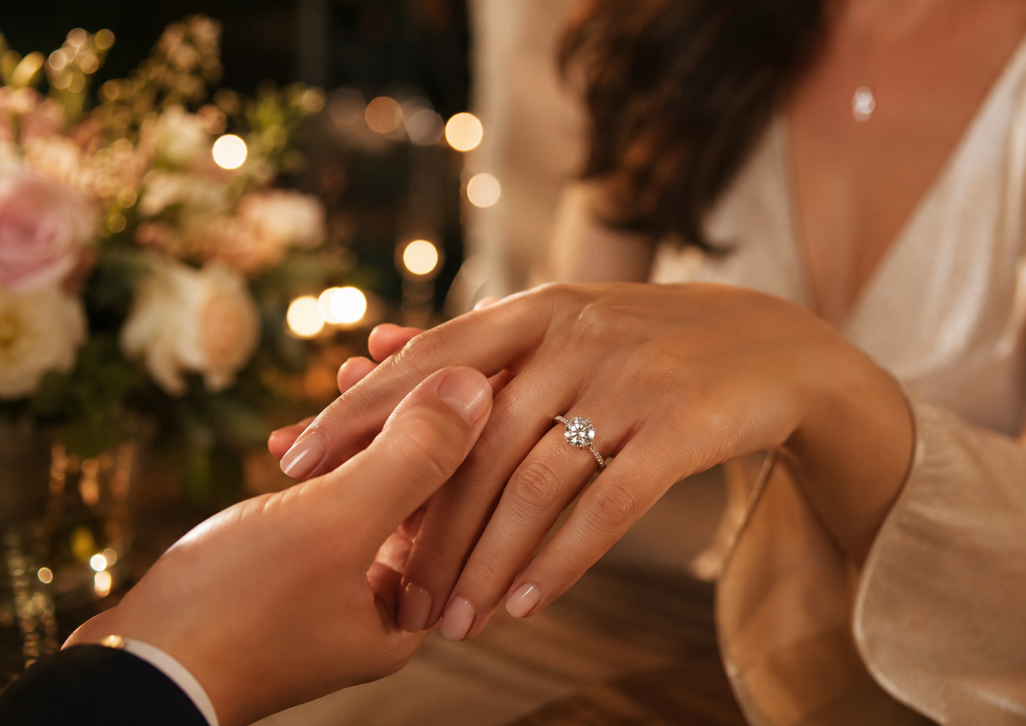 Romantic proposal moment showing a woman wearing a round moissanite engagement ring