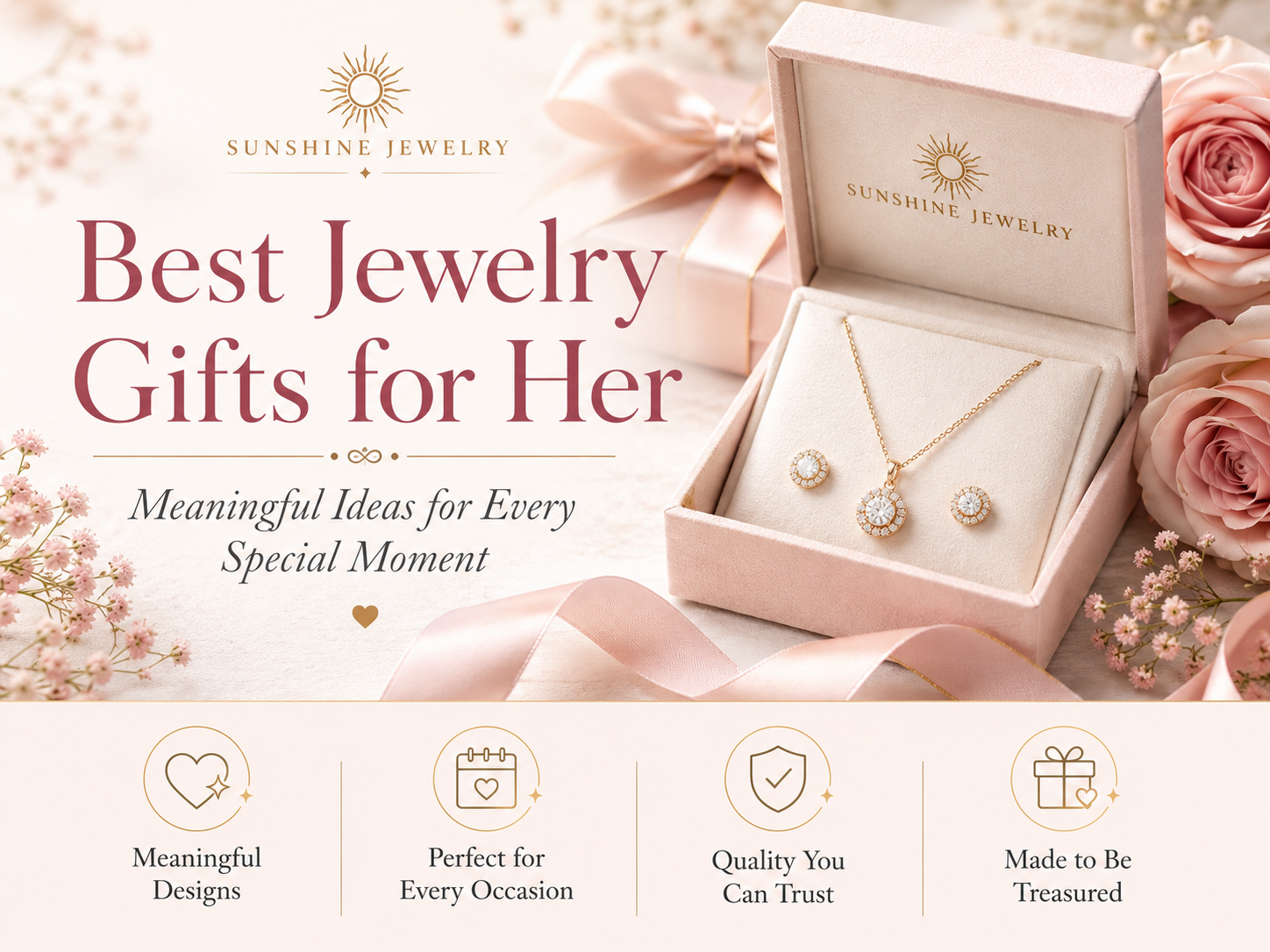 Best jewelry gifts for her featuring a necklace and matching earrings in a pink Sunshine Jewelry gift box