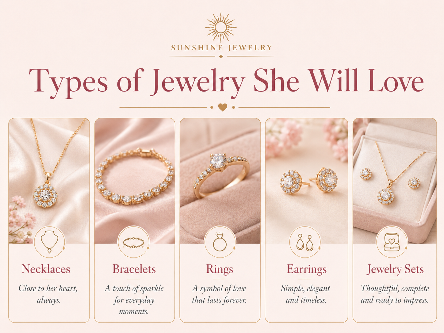 Examples of necklaces bracelets rings earrings and jewelry sets as gifts for her