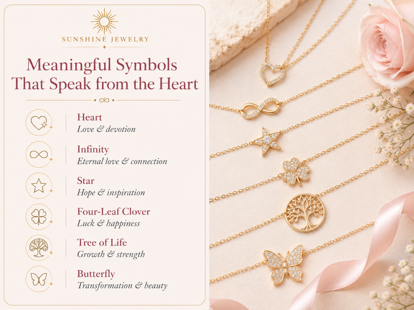 Meaningful jewelry symbols including heart infinity star four leaf clover tree of life and butterfly