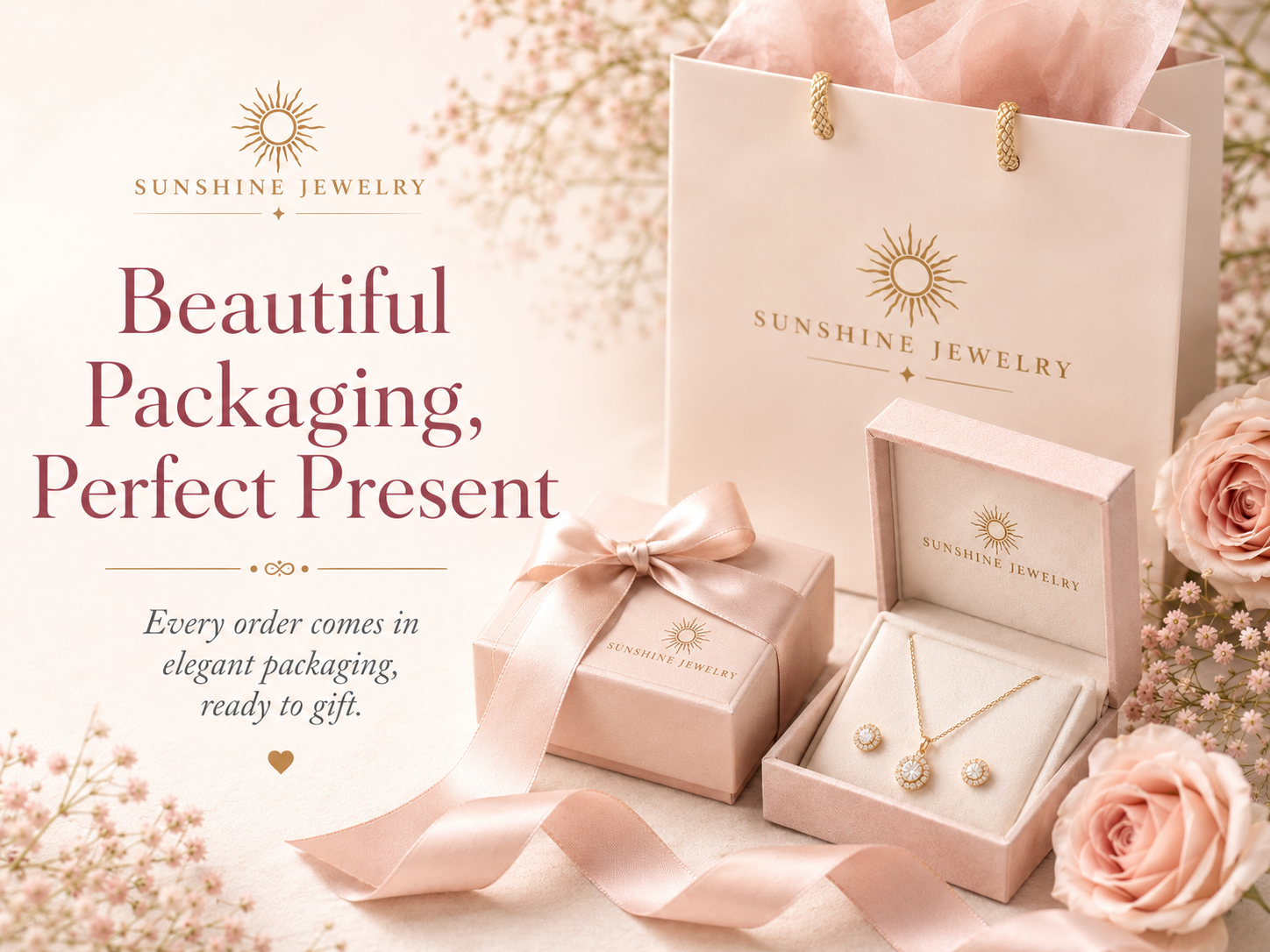 Sunshine Jewelry gift box shopping bag ribbon and matching necklace and earrings
