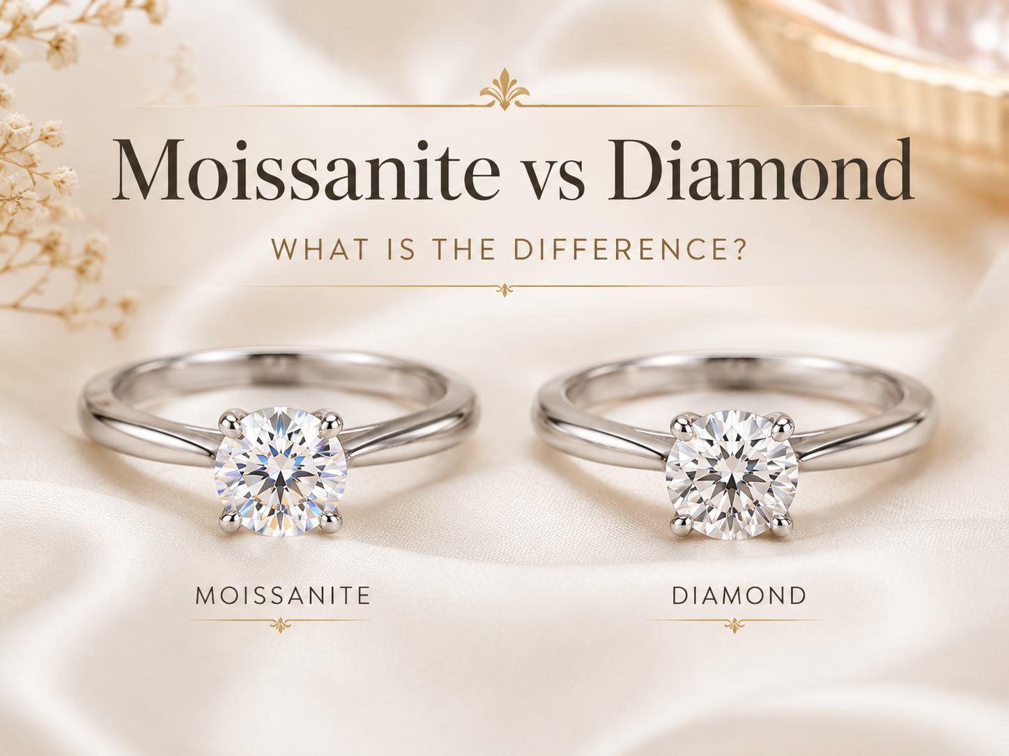 Moissanite vs diamond comparison showing two round engagement rings side by side
