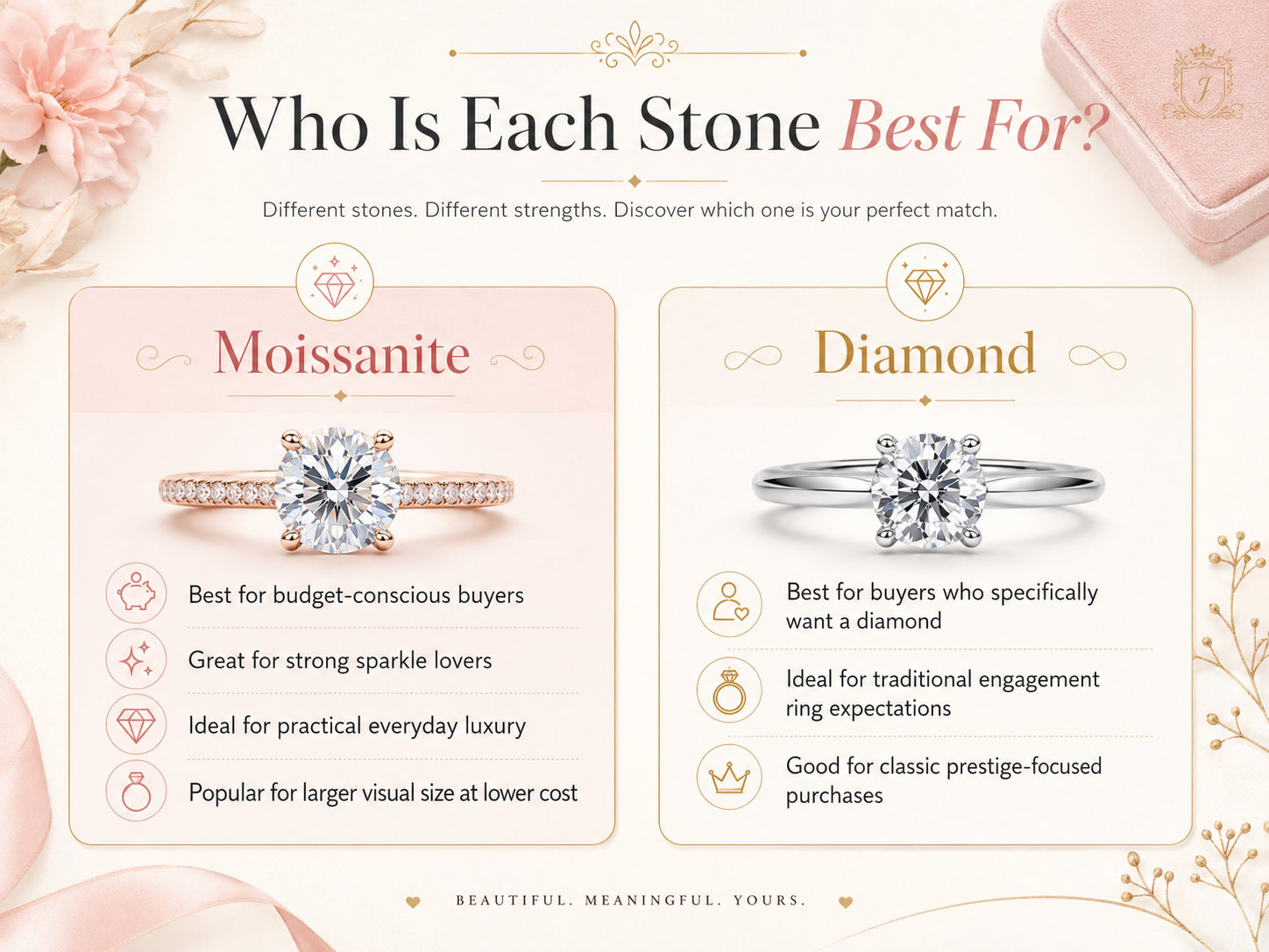 Guide explaining which buyers may prefer moissanite and which may prefer diamond