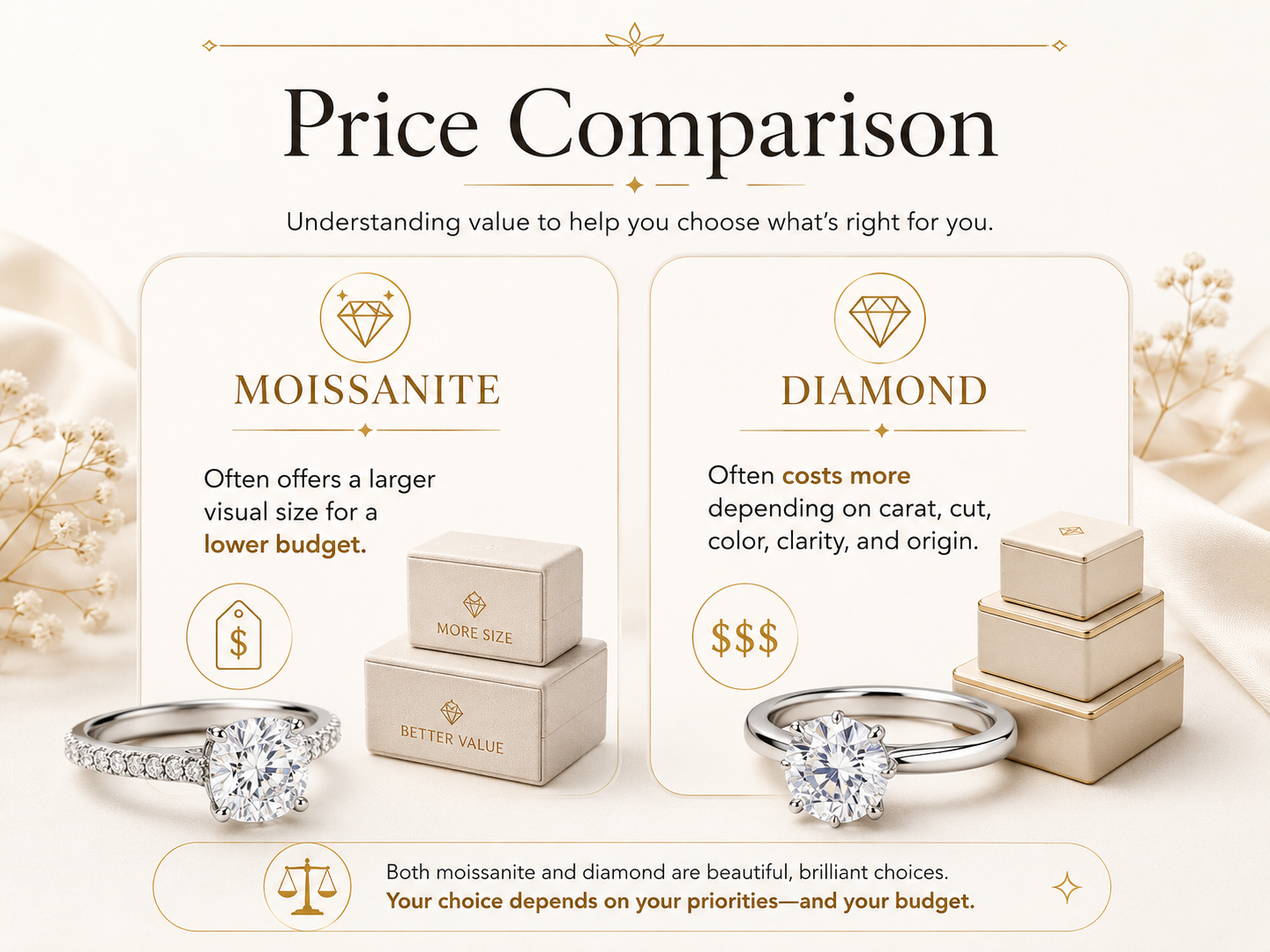 Moissanite versus diamond price comparison showing value and visual size differences