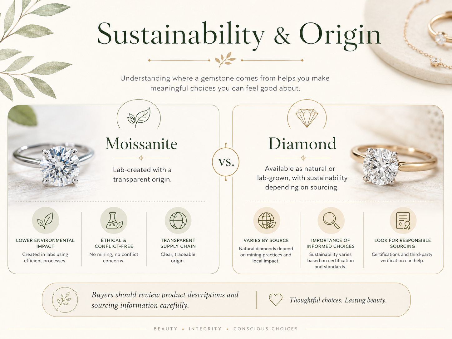 Sustainability and origin comparison between laboratory-created moissanite and natural or laboratory-grown diamonds