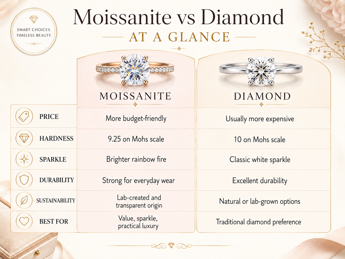 Moissanite versus diamond comparison chart covering price hardness sparkle durability sustainability and ideal buyer