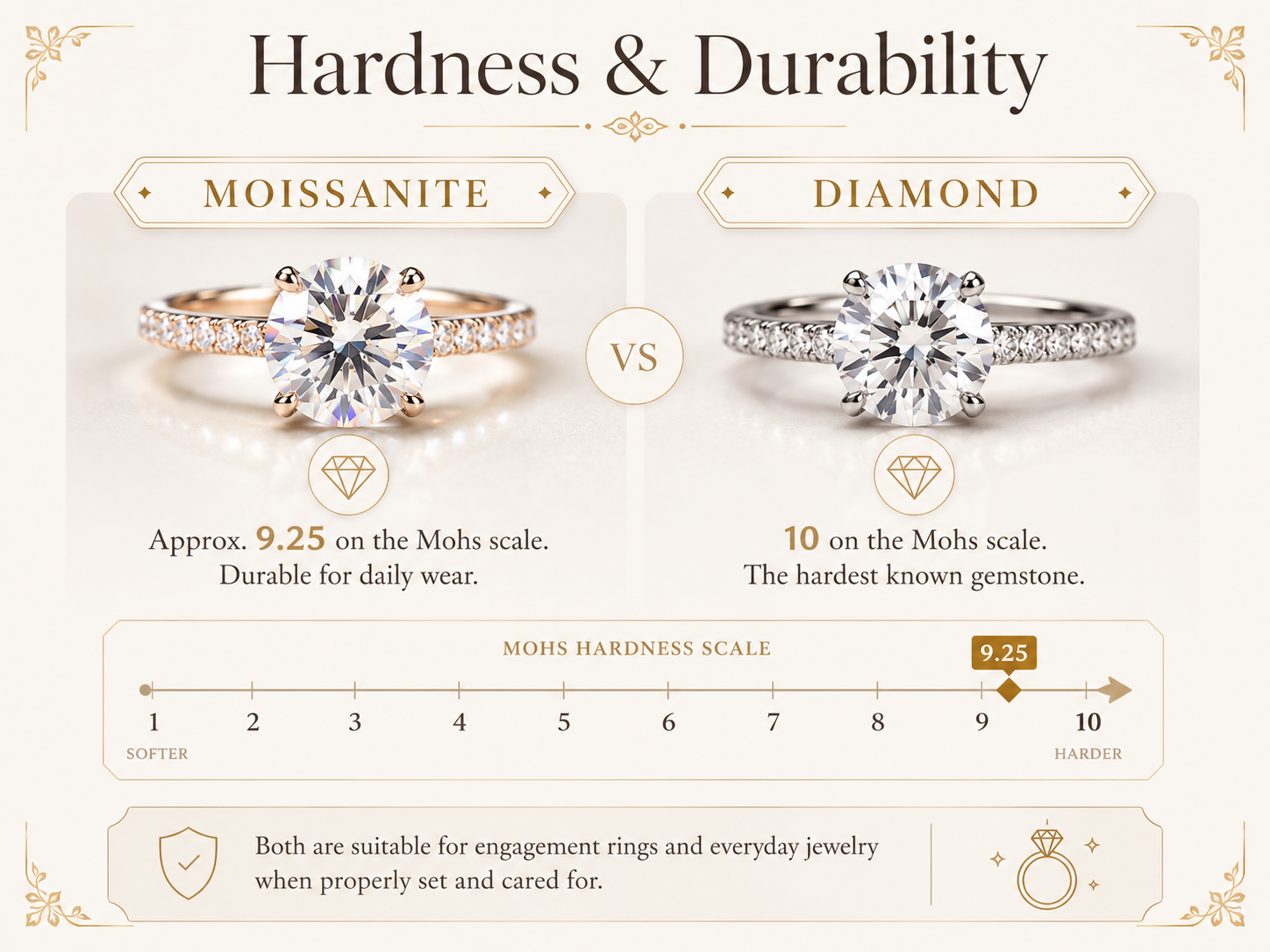 Hardness and durability comparison between moissanite and diamond on the Mohs scale