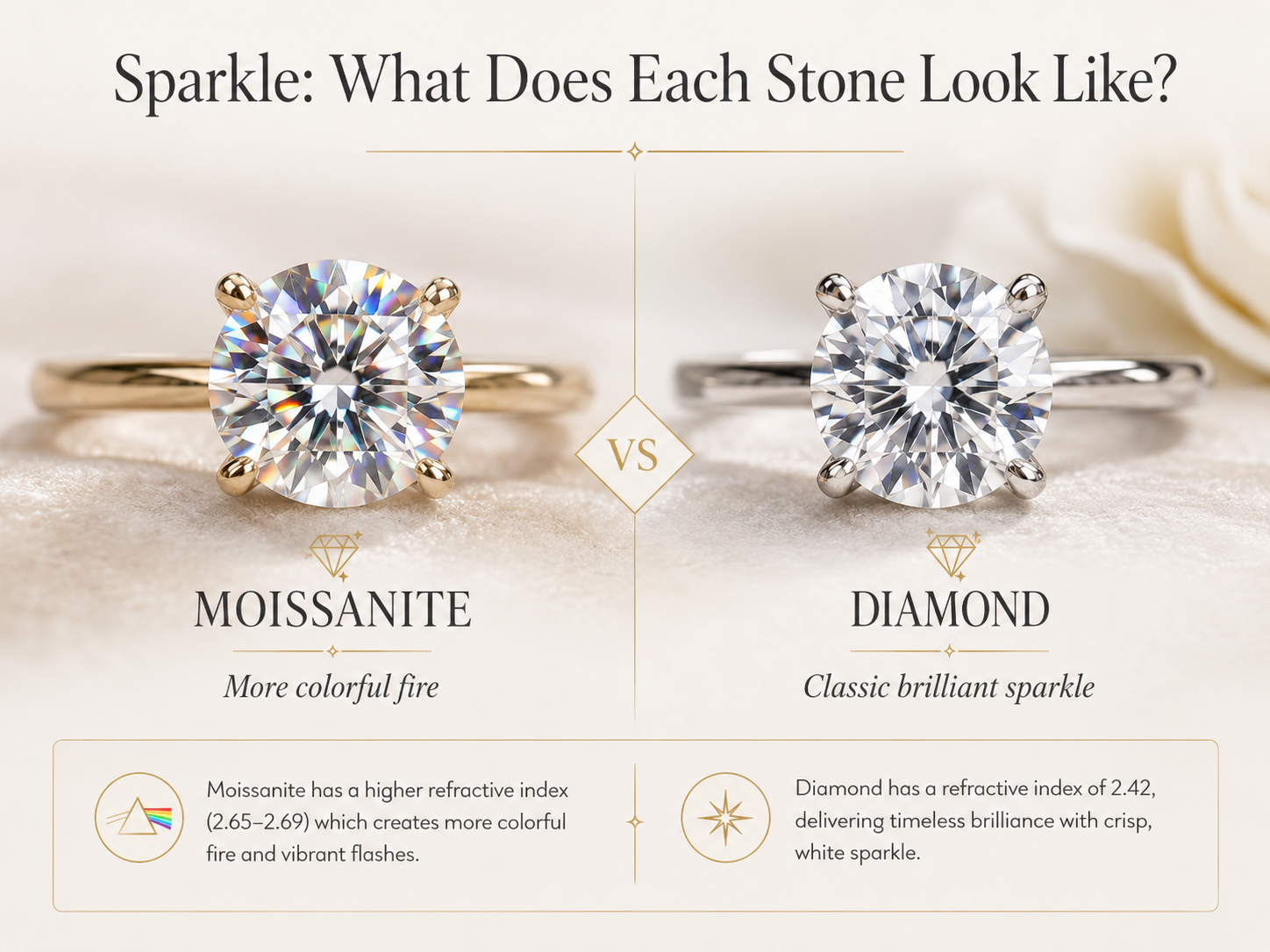 Moissanite showing colorful rainbow fire compared with classic white diamond brilliance
