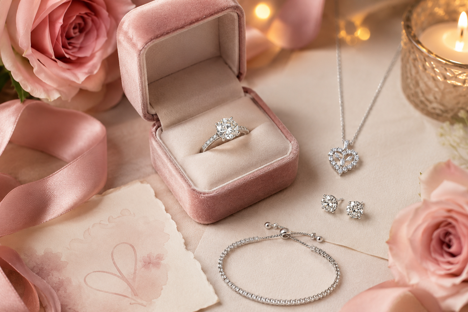 Romantic jewelry for her including a moissanite ring, heart necklace, earrings and bracelet