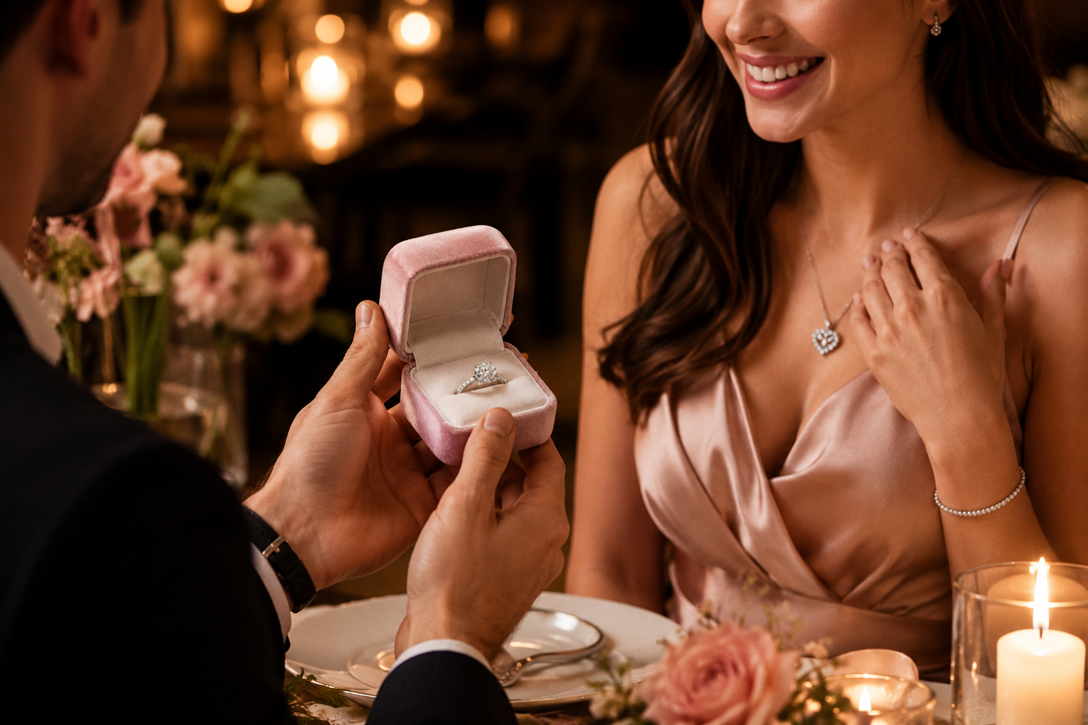 Couple sharing a romantic jewelry gift during a candlelit dinner