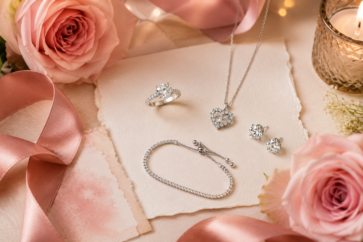 Collection of romantic jewelry gifts including ring necklace earrings and bracelet