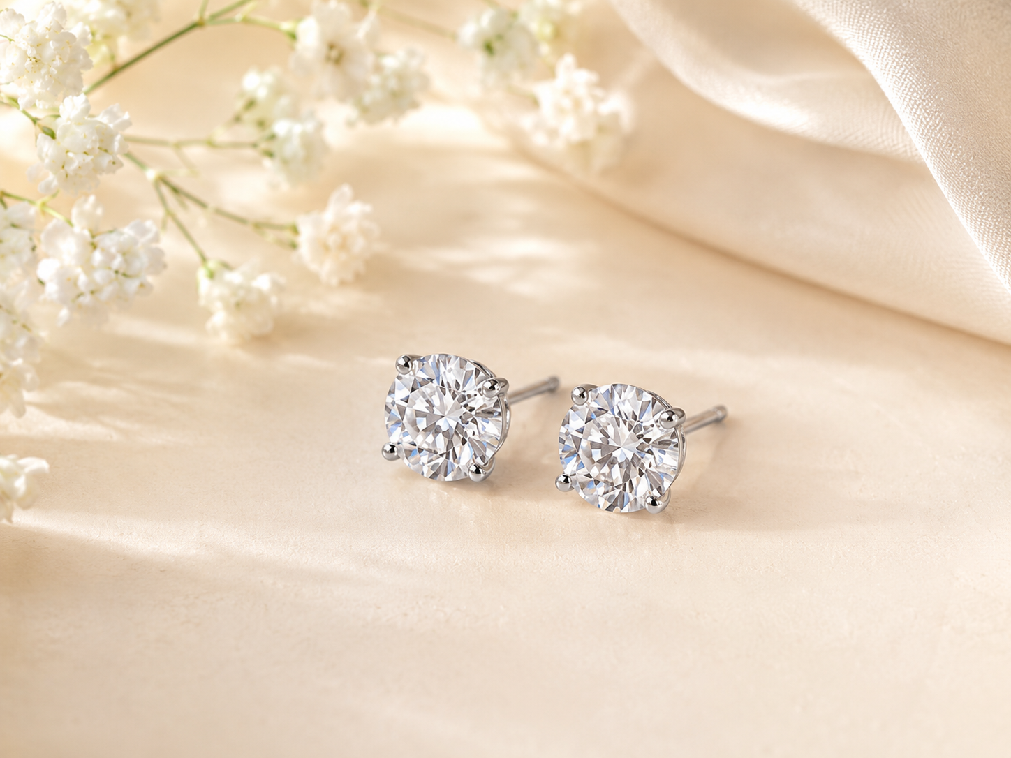 Moissanite stud earrings on cream satin with soft romantic flowers