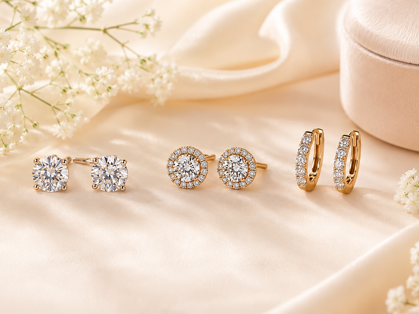 Moissanite earrings styles including studs halo earrings and hoops