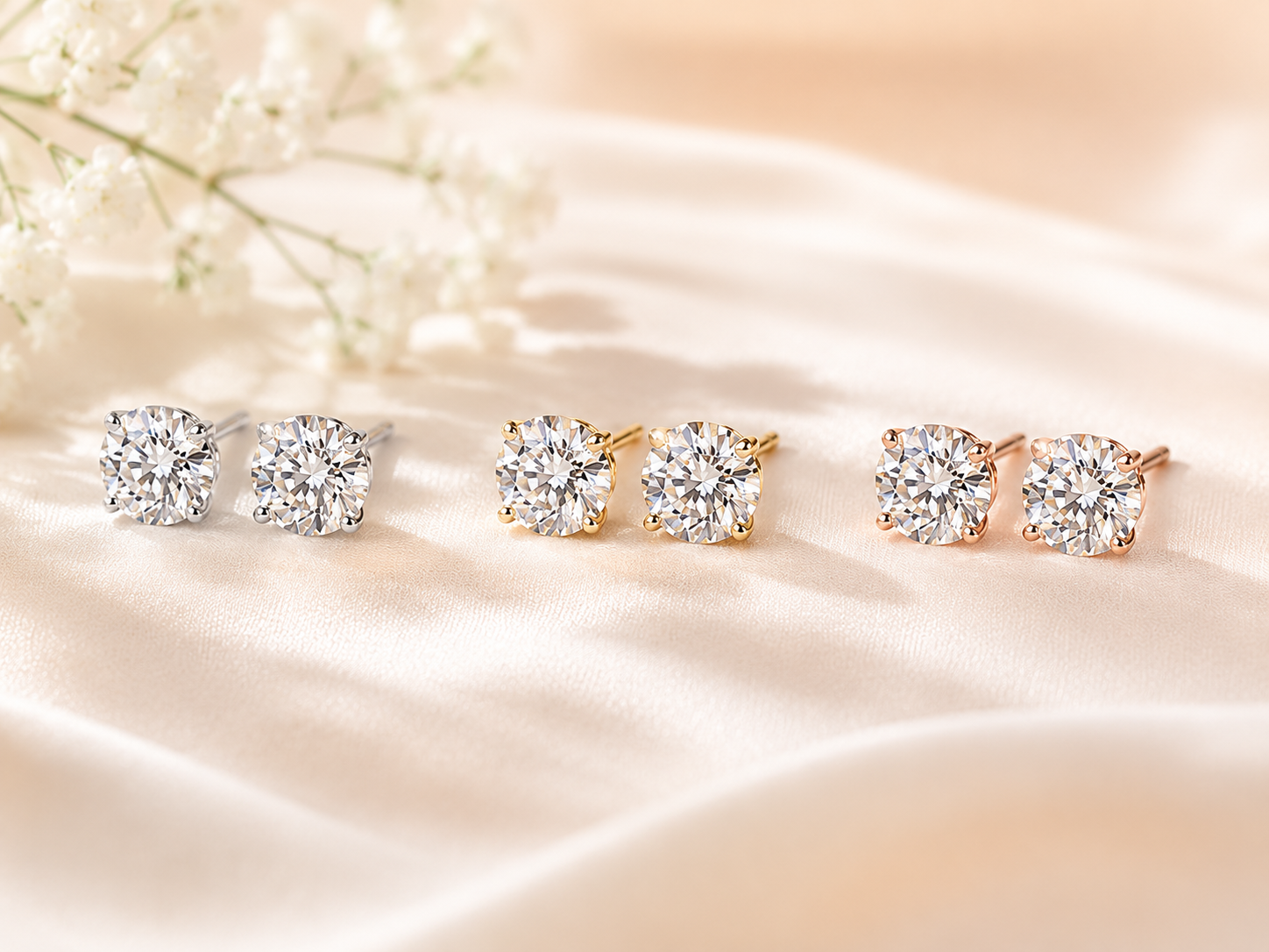Moissanite stud earrings in white gold yellow gold and rose gold colors