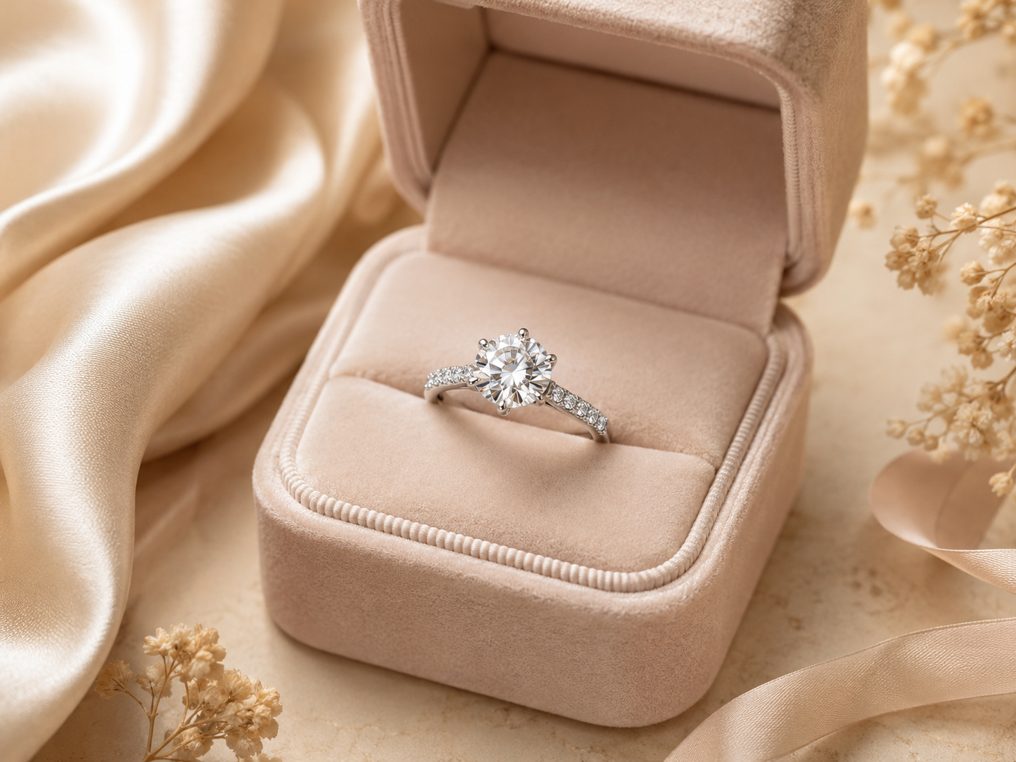Elegant custom moissanite ring in jewelry box by Sunshine Jewelry