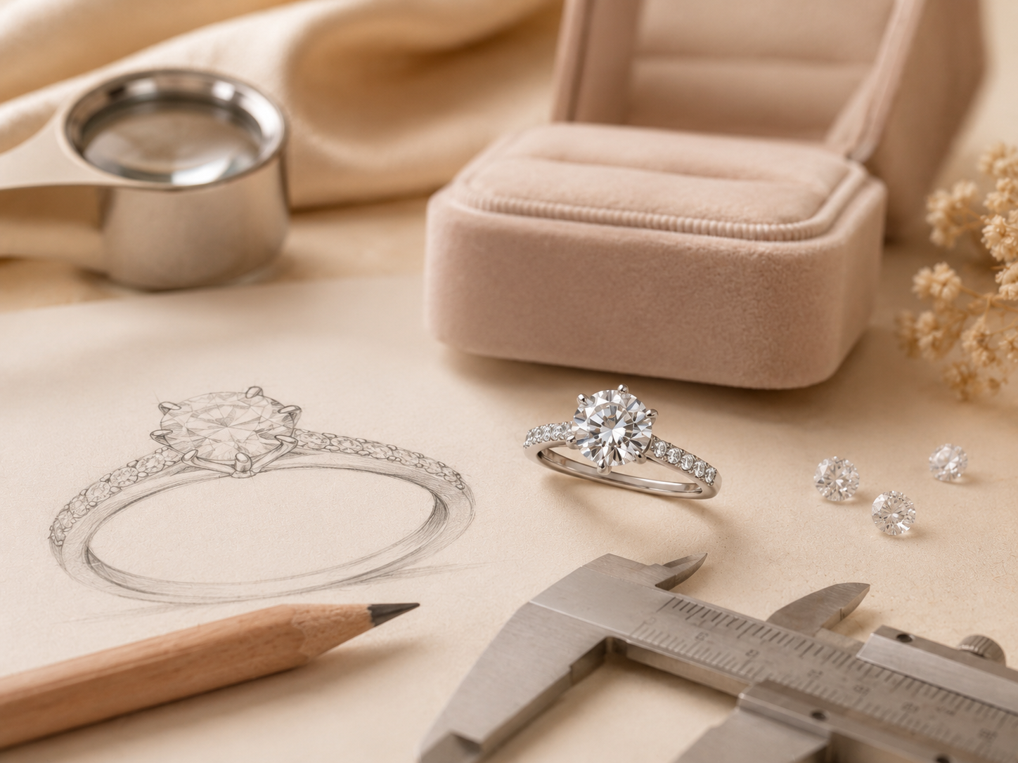 Custom moissanite ring design sketch and jewelry tools