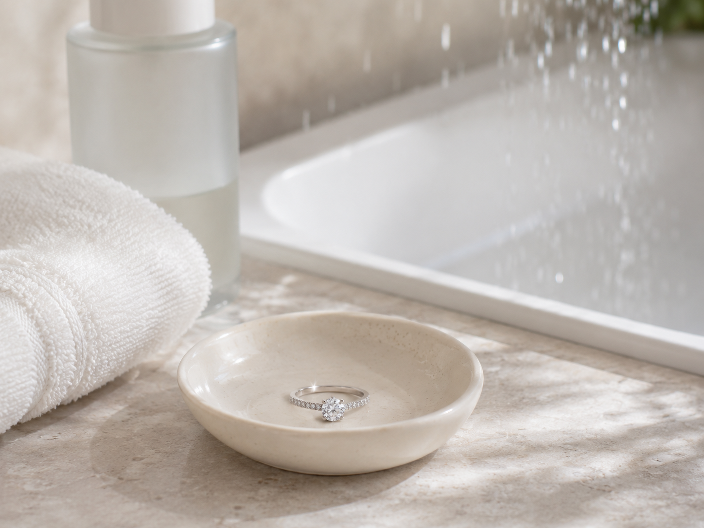 Moissanite ring placed in a jewelry dish before showering