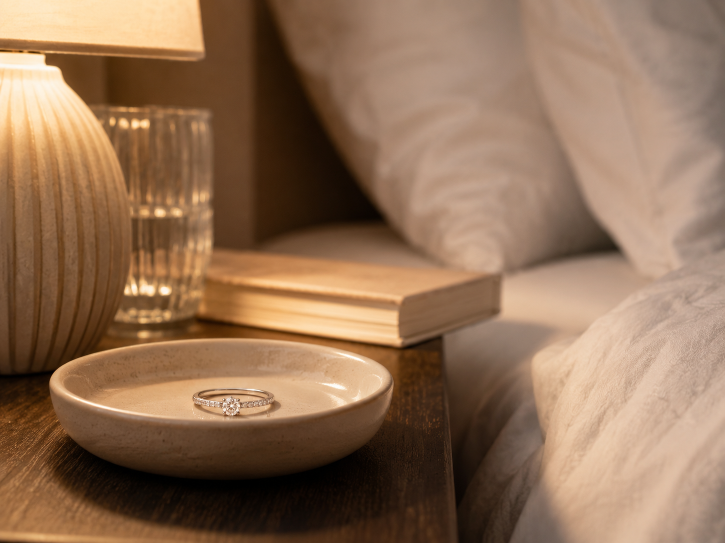 Moissanite ring safely stored beside the bed before sleeping