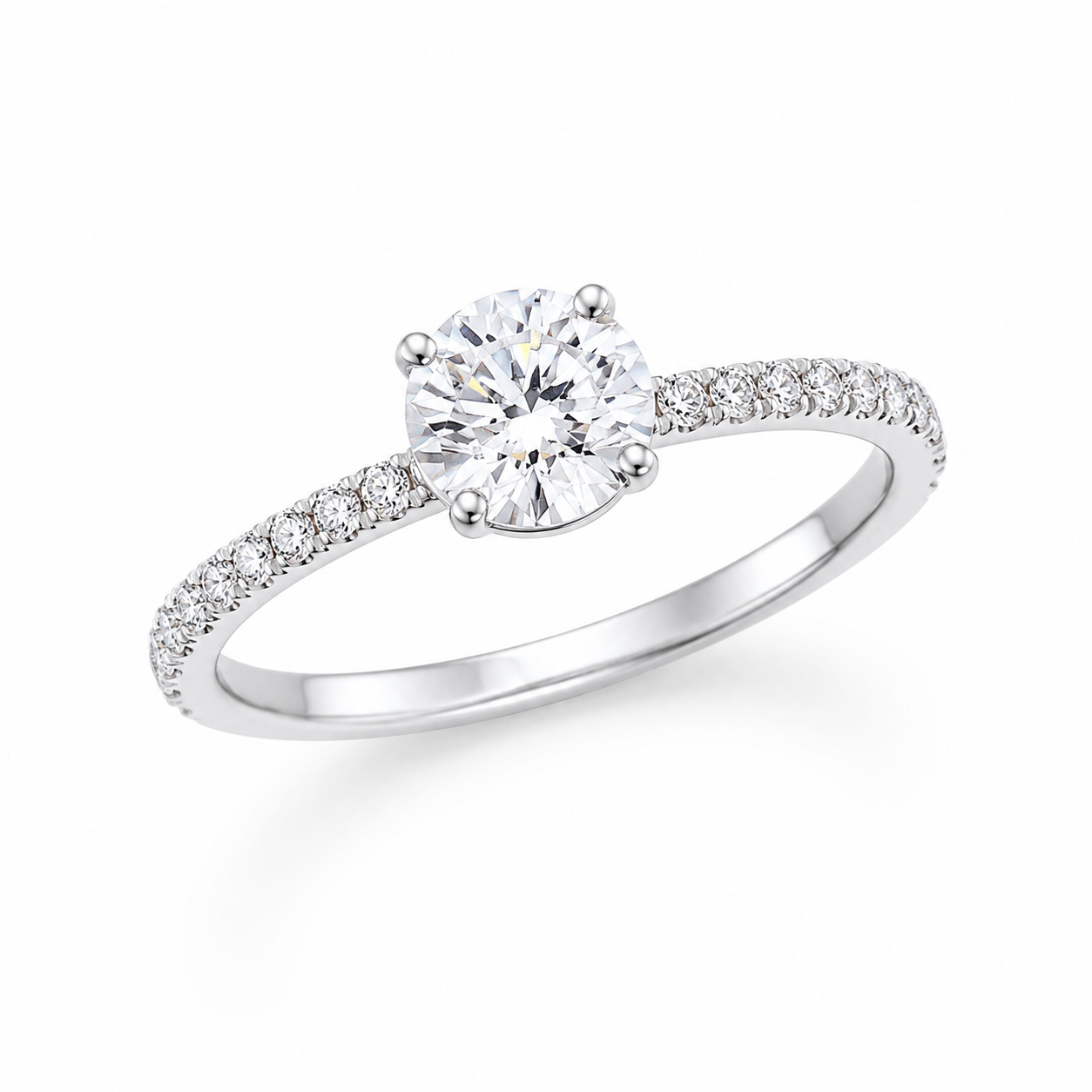 Round moissanite ring with secure prong setting and pavé band