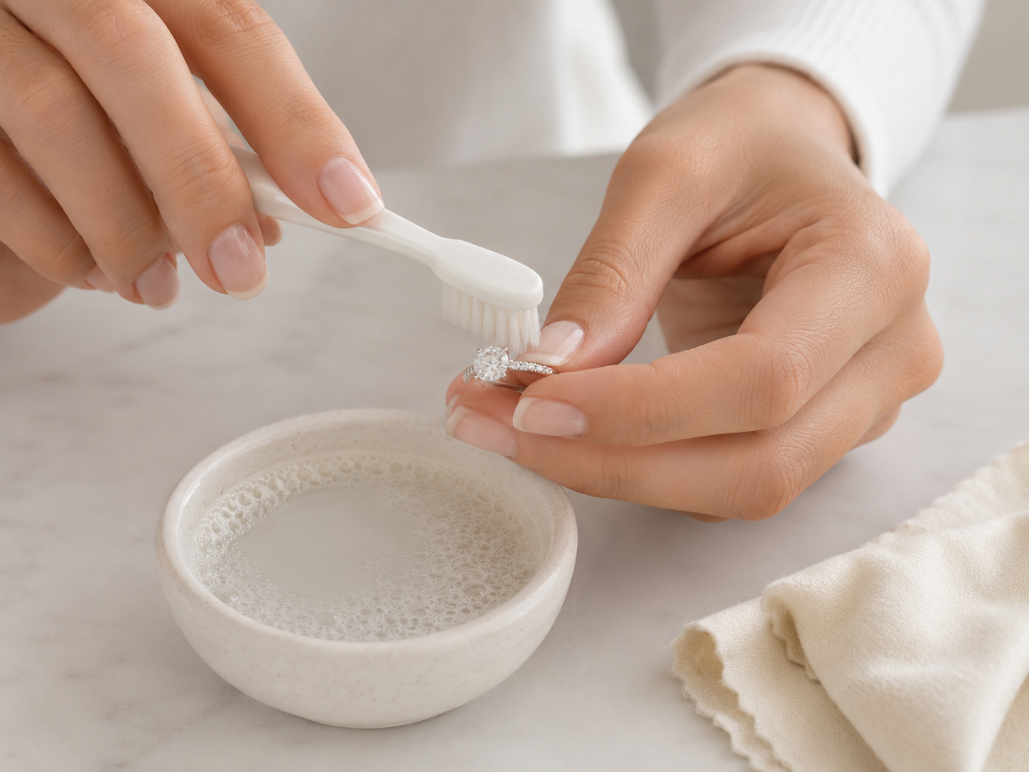 Cleaning a moissanite ring gently with a soft brush and mild soap