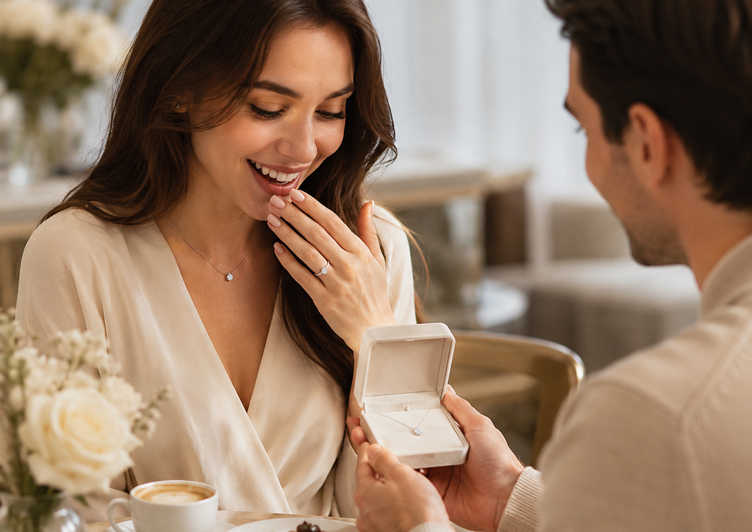 Woman receiving a romantic jewelry gift from her boyfriend