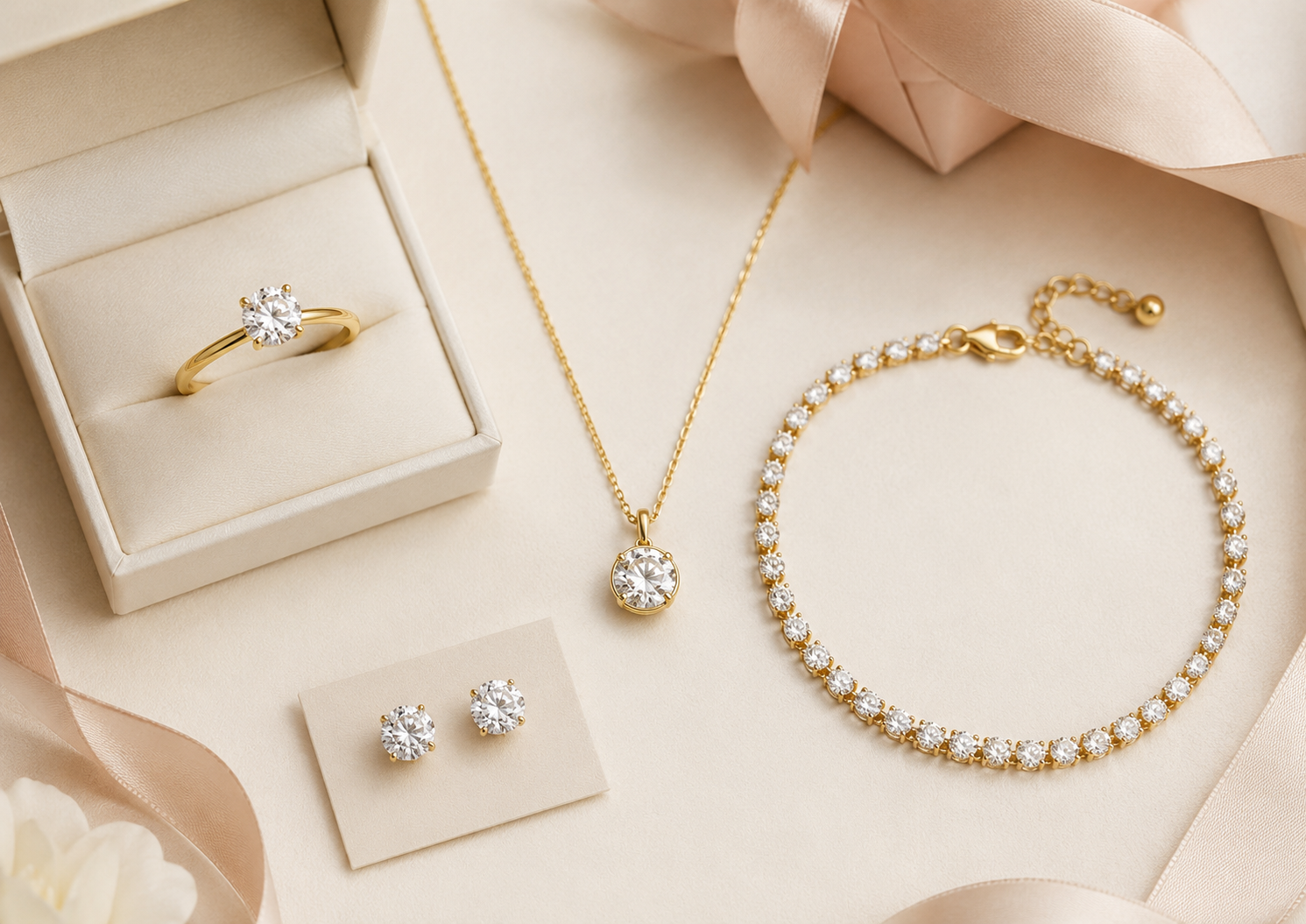 Romantic jewelry gift ideas including a ring necklace earrings and bracelet