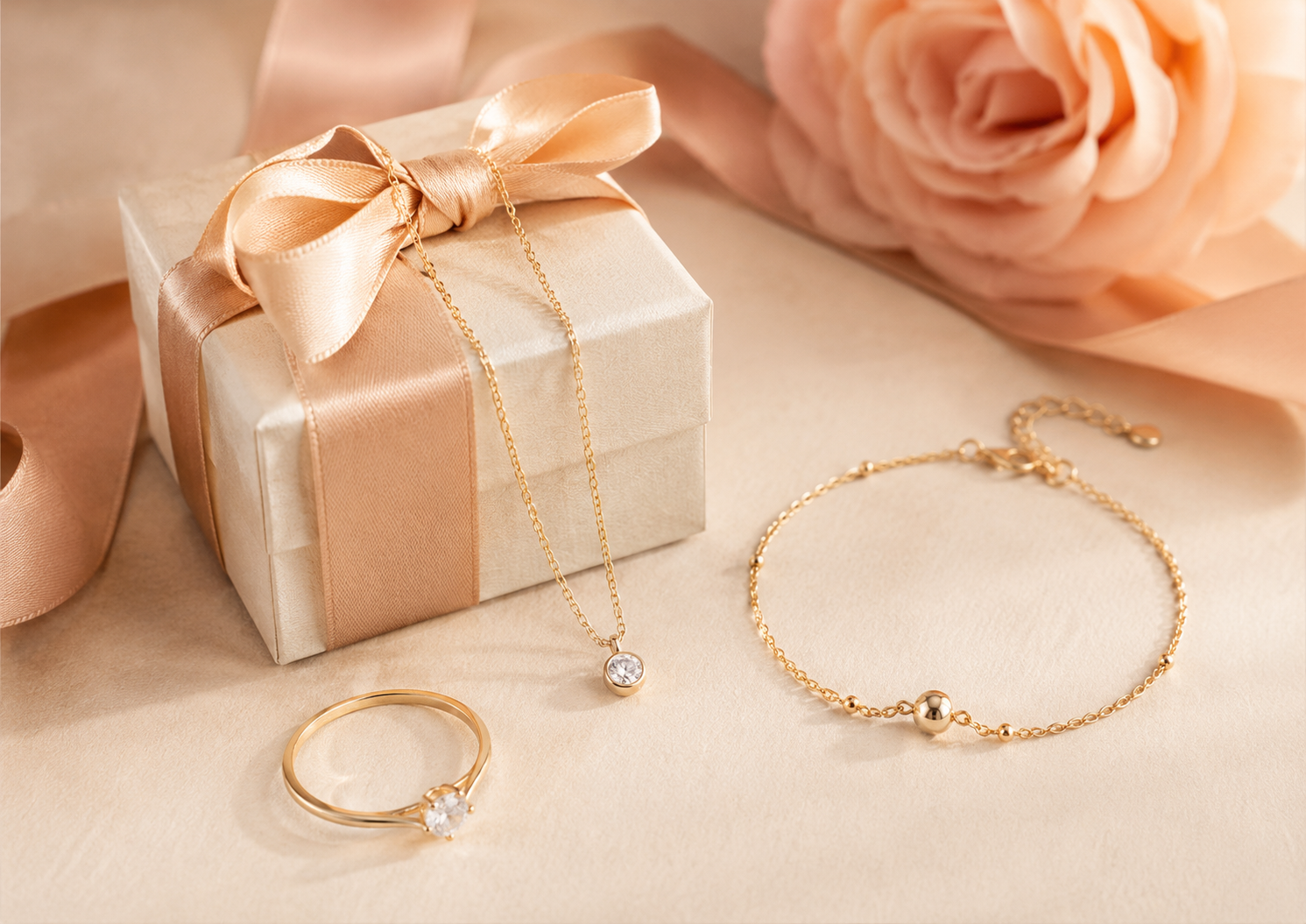 Affordable romantic jewelry gifts arranged with a gift box and ribbon
