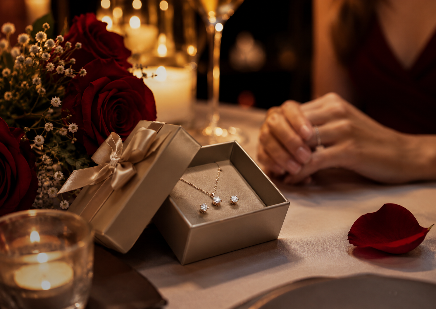 Romantic jewelry gift presented during a candlelight dinner