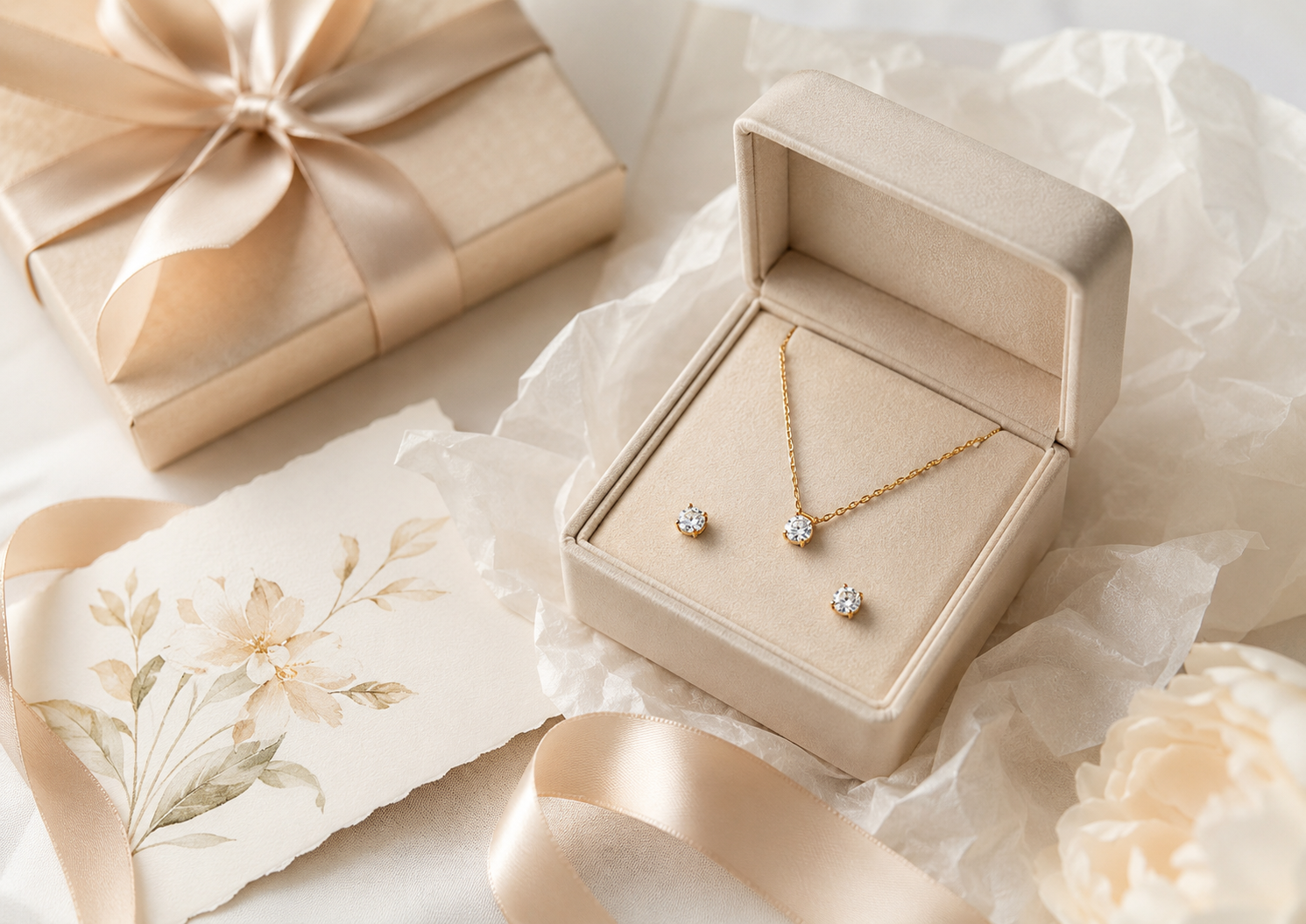 Romantic jewelry gift box with necklace earrings ribbon and handwritten card