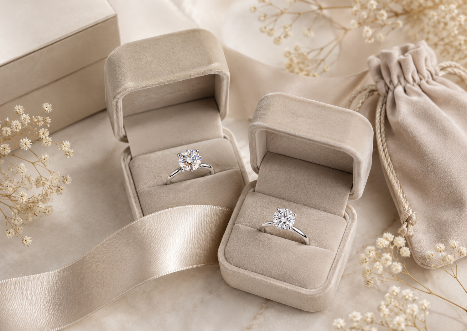 Gift-ready solitaire rings in elegant jewelry boxes