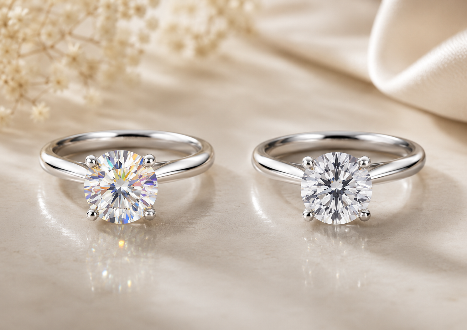 Moissanite rainbow fire compared with lab-grown diamond white brilliance