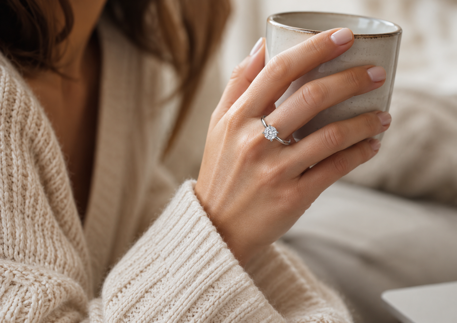 Woman wearing a solitaire ring during everyday activities