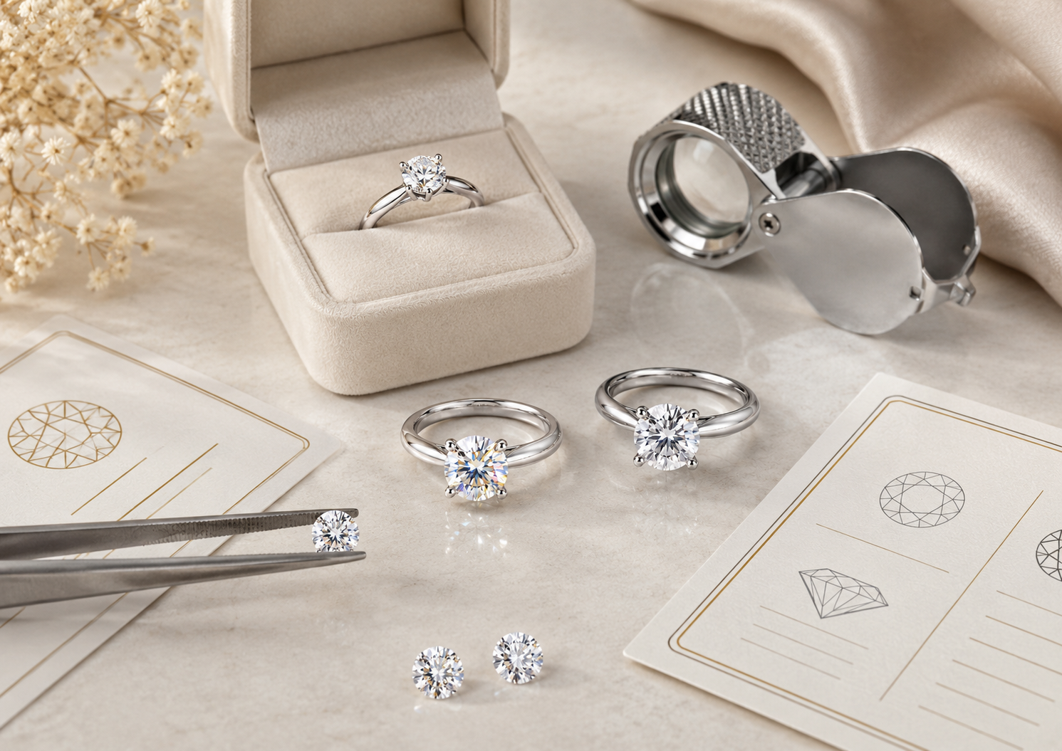 Jeweler loupe gemstone rings and grading documents for stone inspection