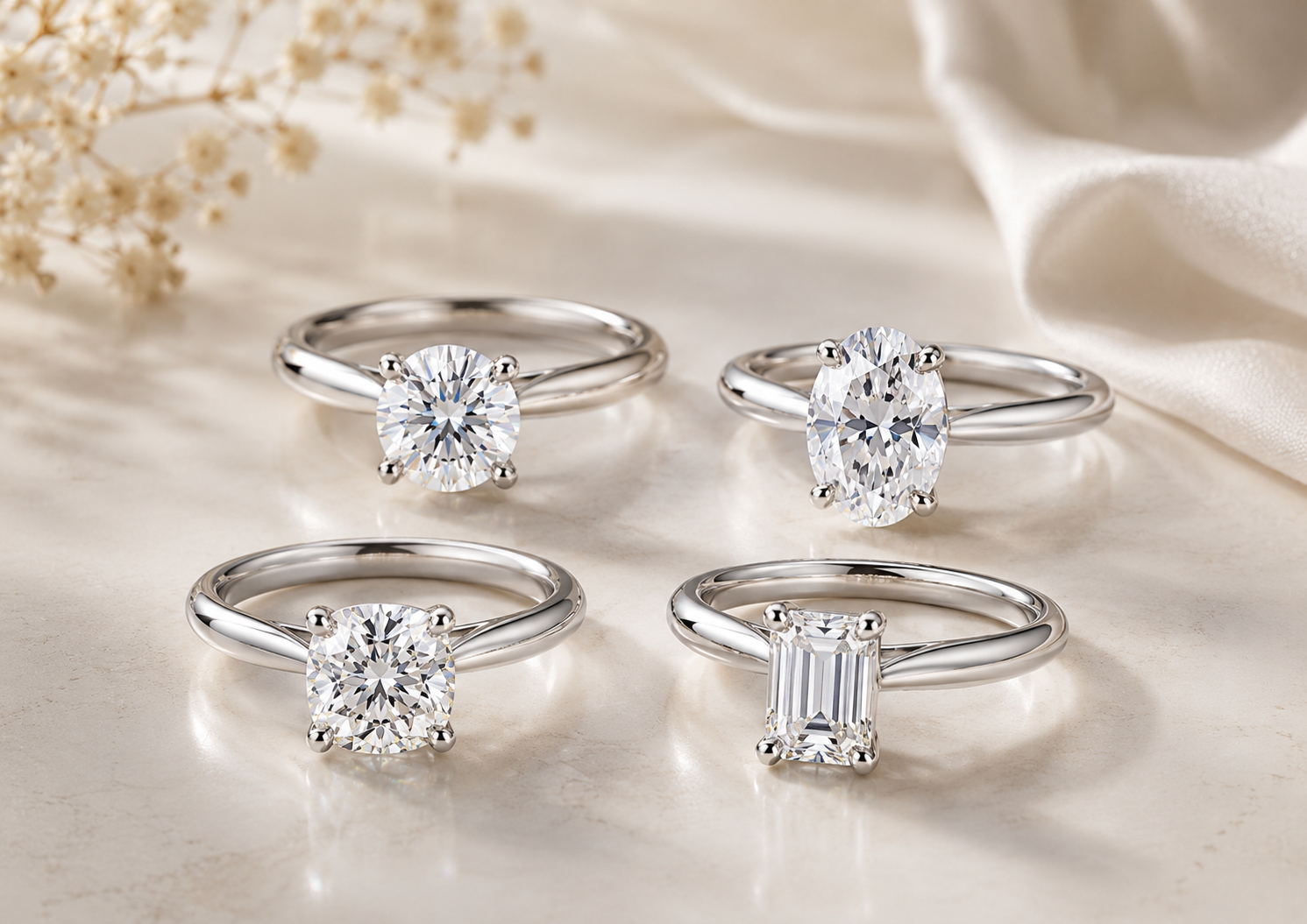 Round oval cushion and emerald cut solitaire ring comparison
