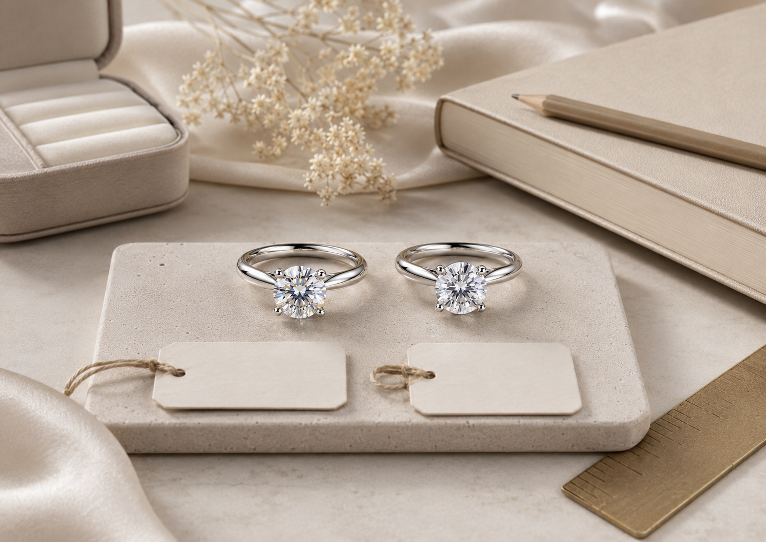 Moissanite and lab-grown diamond rings arranged for a price and value comparison