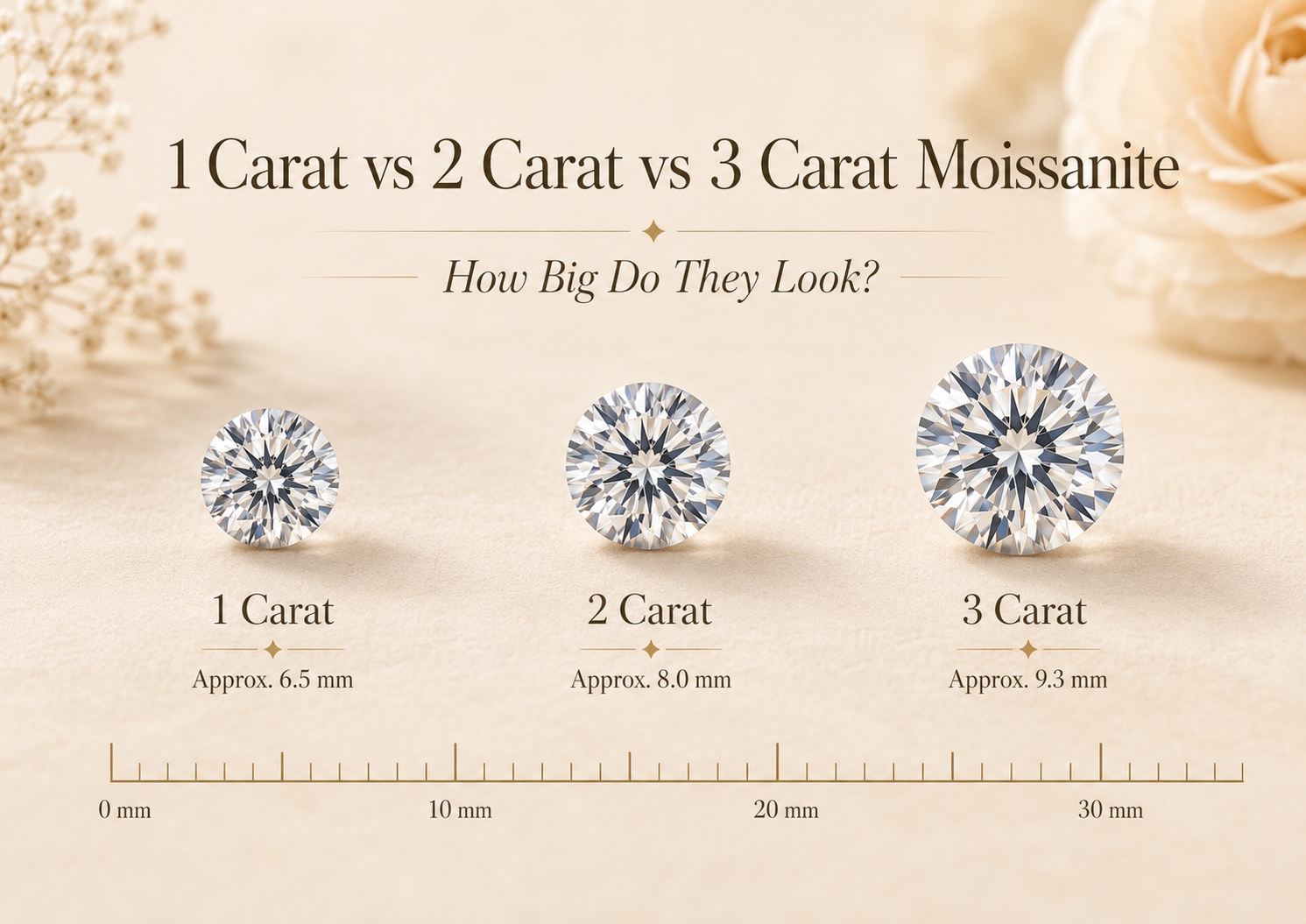 Round moissanite size comparison showing one carat at approximately 6.5 millimeters, two carats at 8 millimeters and three carats around 9.3 millimeters