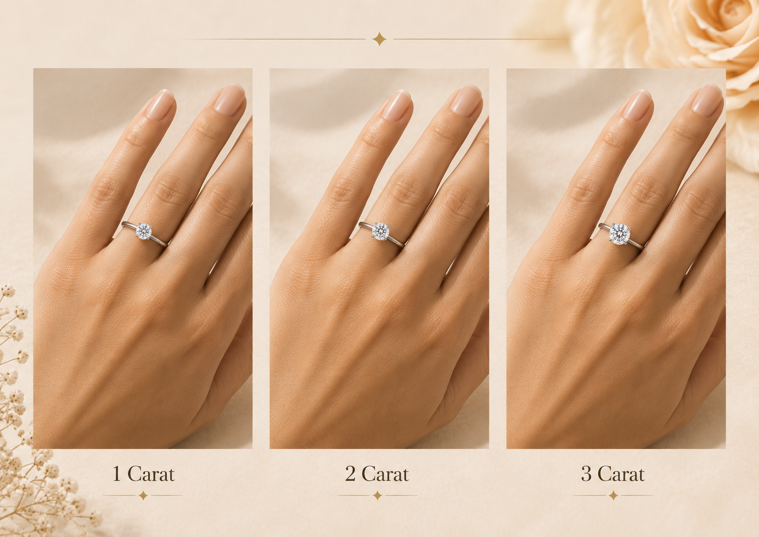 One carat, two carat and three carat round moissanite rings compared on the same hand