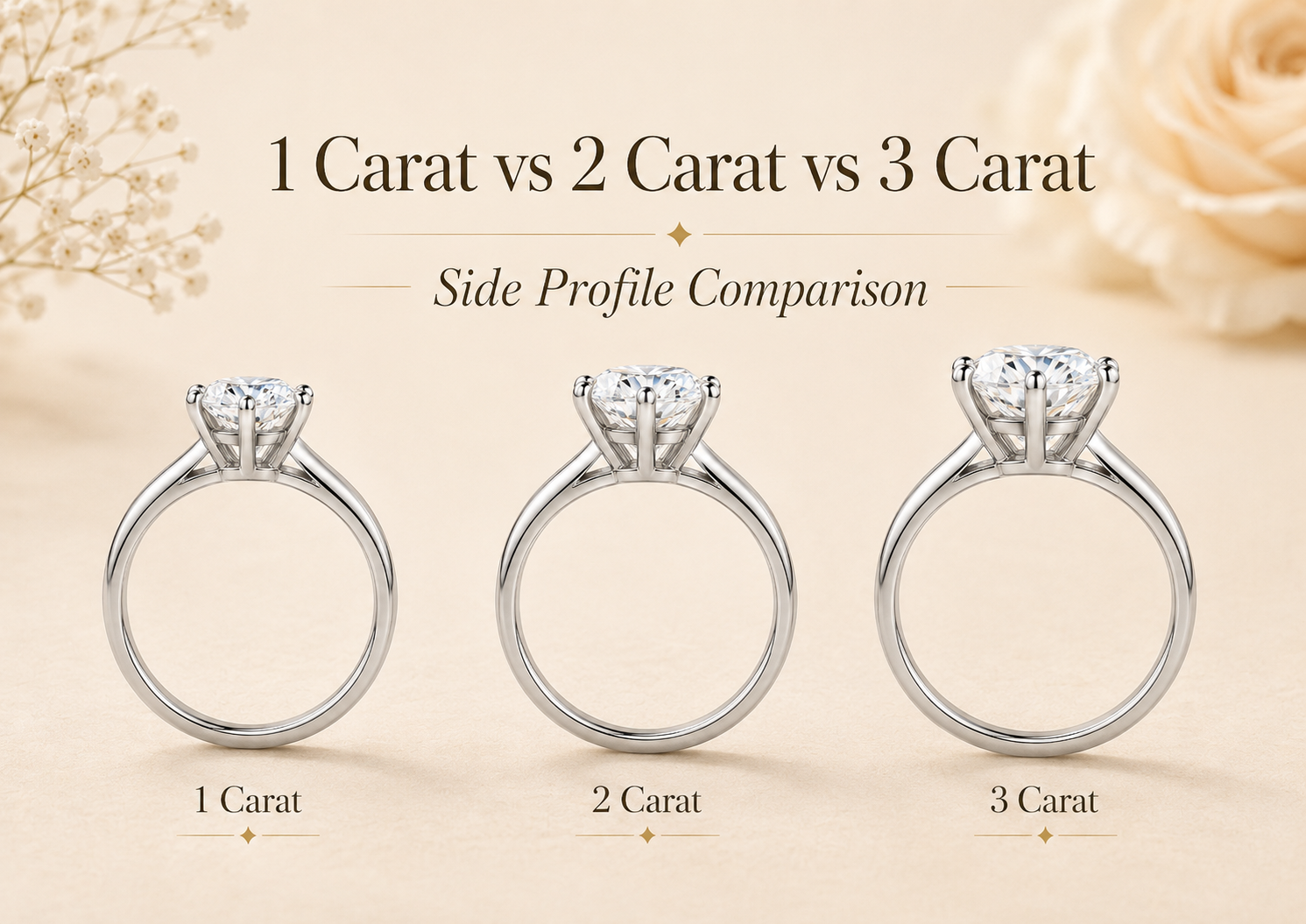 Side profile comparison of one carat, two carat and three carat round moissanite solitaire rings