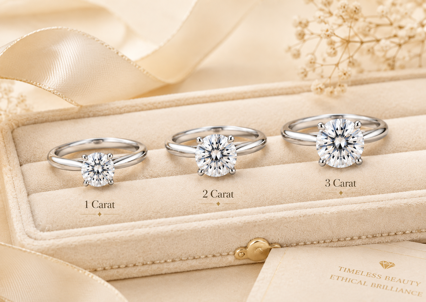 One carat, two carat and three carat moissanite solitaire rings displayed in a cream jewelry tray
