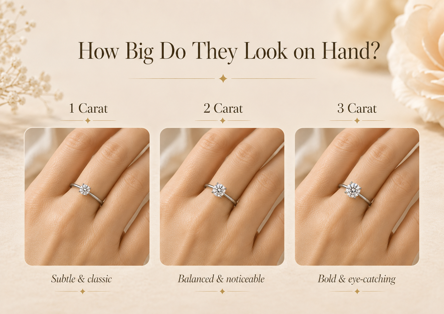 Comparison of one carat, two carat and three carat moissanite solitaire rings worn on a hand